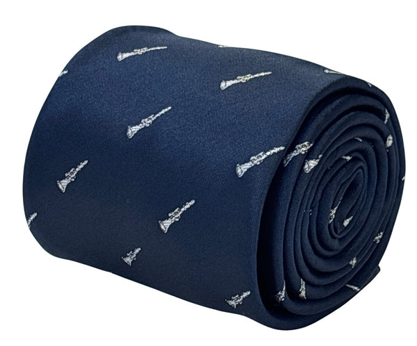 navy dark blue tie with embroidered clarinet design